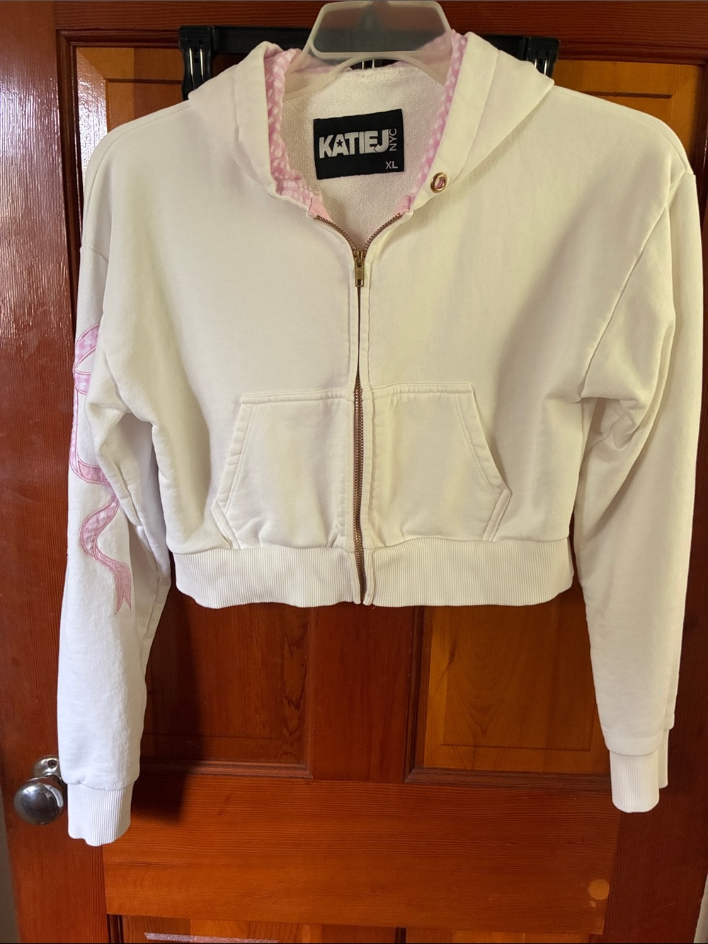 Katie J NYC White Cropped Zip Hoodie with Pink Trim